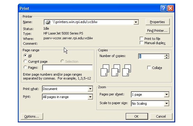 Hộp thoại Print khi thực hiện in một file